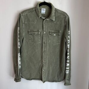 Zara Distressed heavy Jean Khaki Green Shirt Jacket Shacket men’s medium EUC!